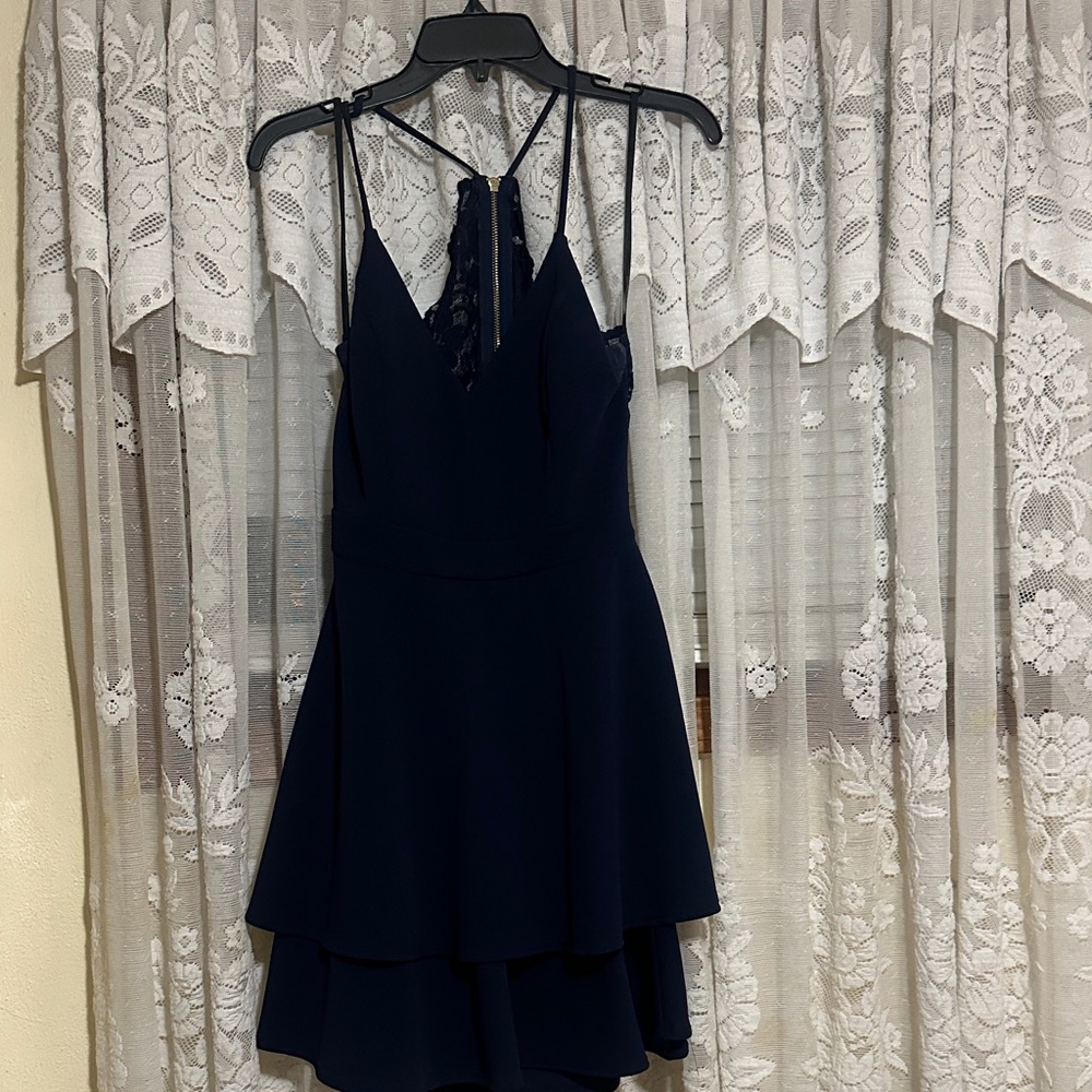 B Darlin Navy Tiered Mini Dress with Lace Back